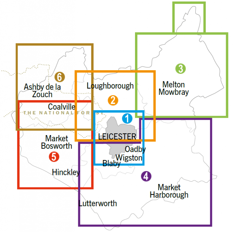 Map showing the 6 areas of Leicestershire that the cycling maps cover.