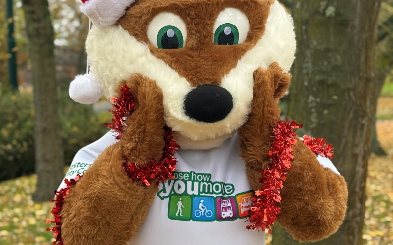 Choose How You Move mascot Theo wearing a santa hat and draped in red tinsel.
