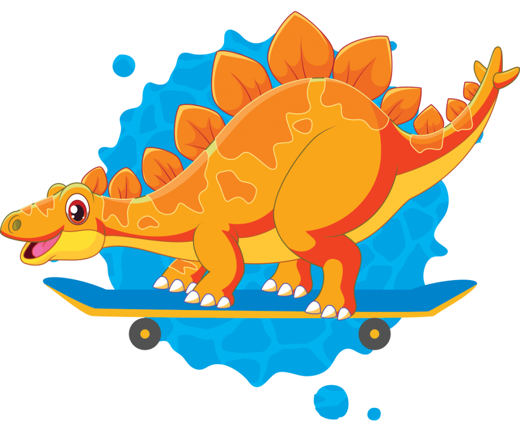 Orange cartoon stegosaurus on a skateboard for Dino T-Reks branding