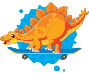Orange cartoon stegosaurus on a skateboard for Dino T-Reks branding
