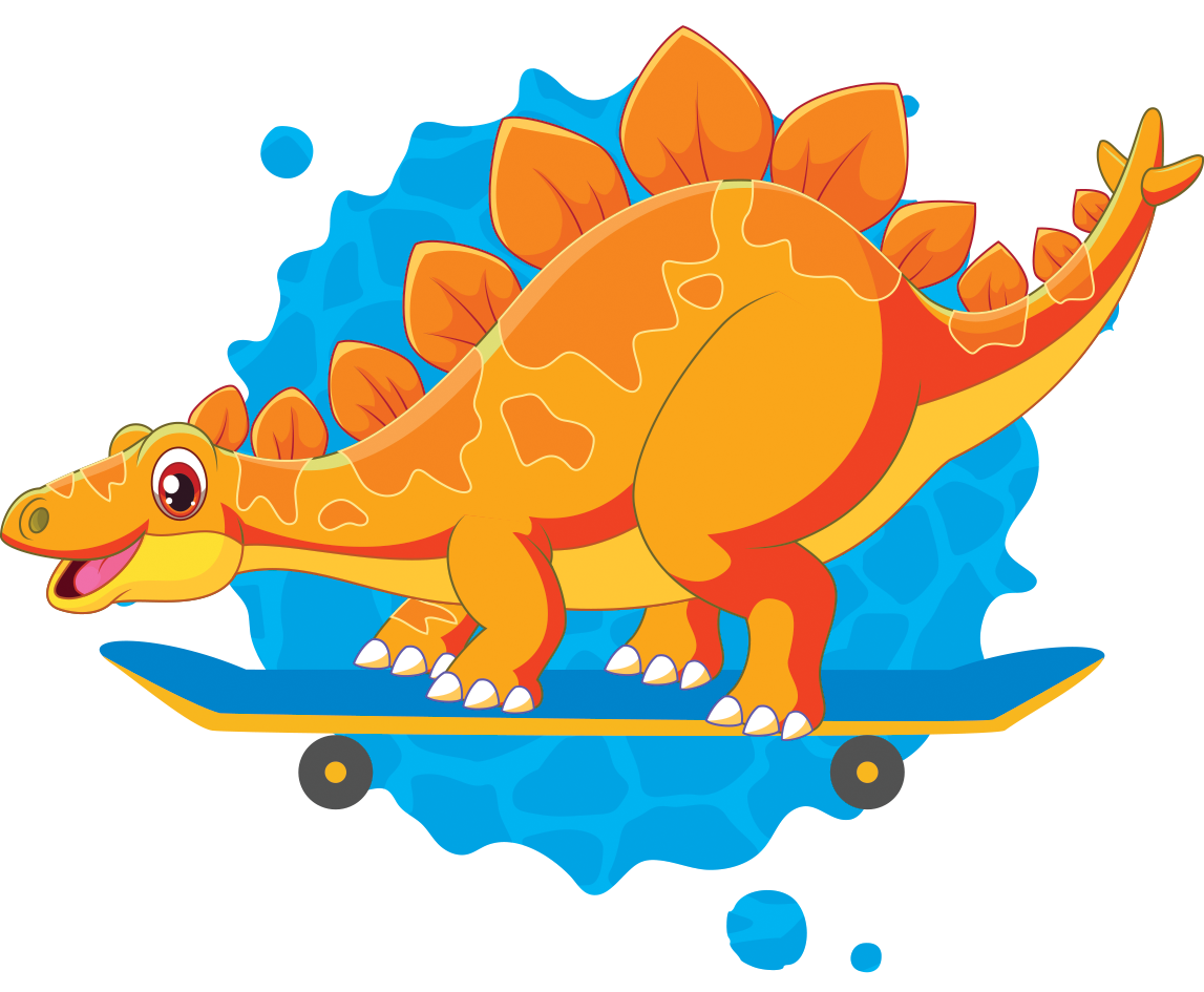 Orange cartoon stegosaurus on a skateboard for Dino T-Reks branding
