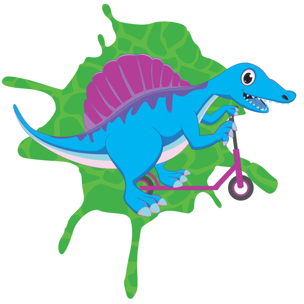 Blue cartoon spinosaur on a scooter for Dino T-Reks branding