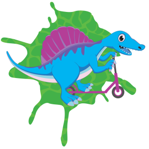 Blue cartoon spinosaur on a scooter for Dino T-Reks branding
