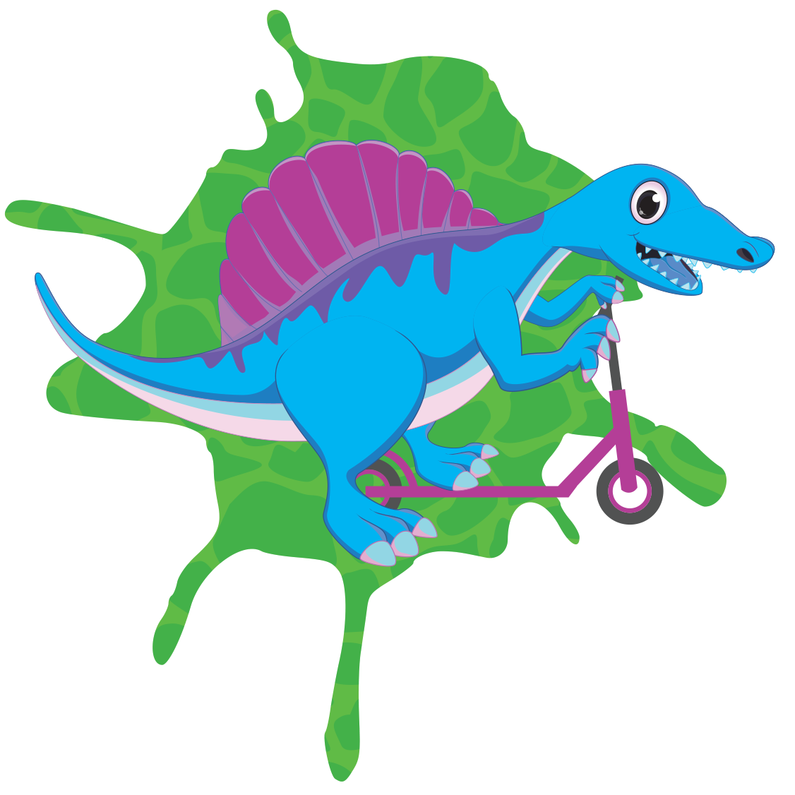 Blue cartoon spinosaur on a scooter for Dino T-Reks branding