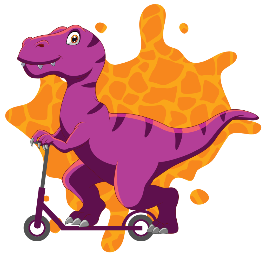 Purple cartoon T-Rex on a skateboard for Dino T-Reks branding