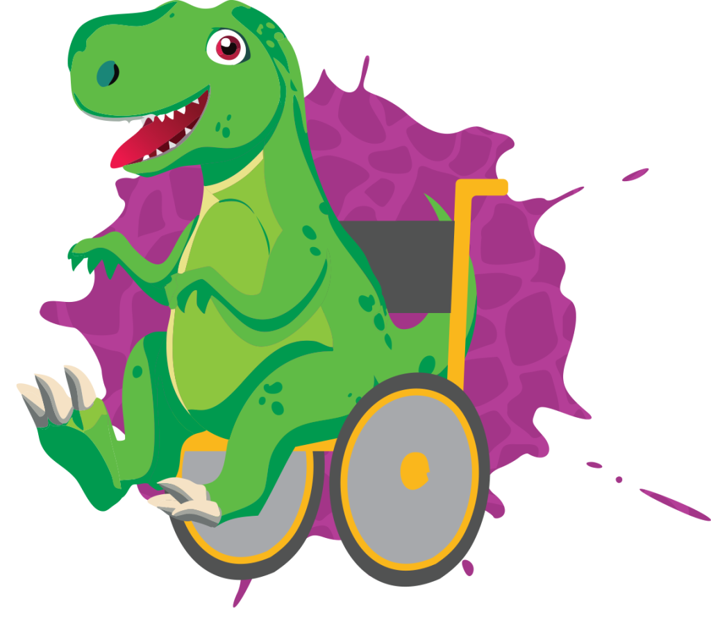 Green cartoon T-Rex in a wheelchair for Dino T-Reks branding