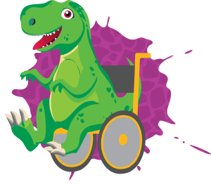 Green cartoon T-Rex in a wheelchair for Dino T-Reks branding