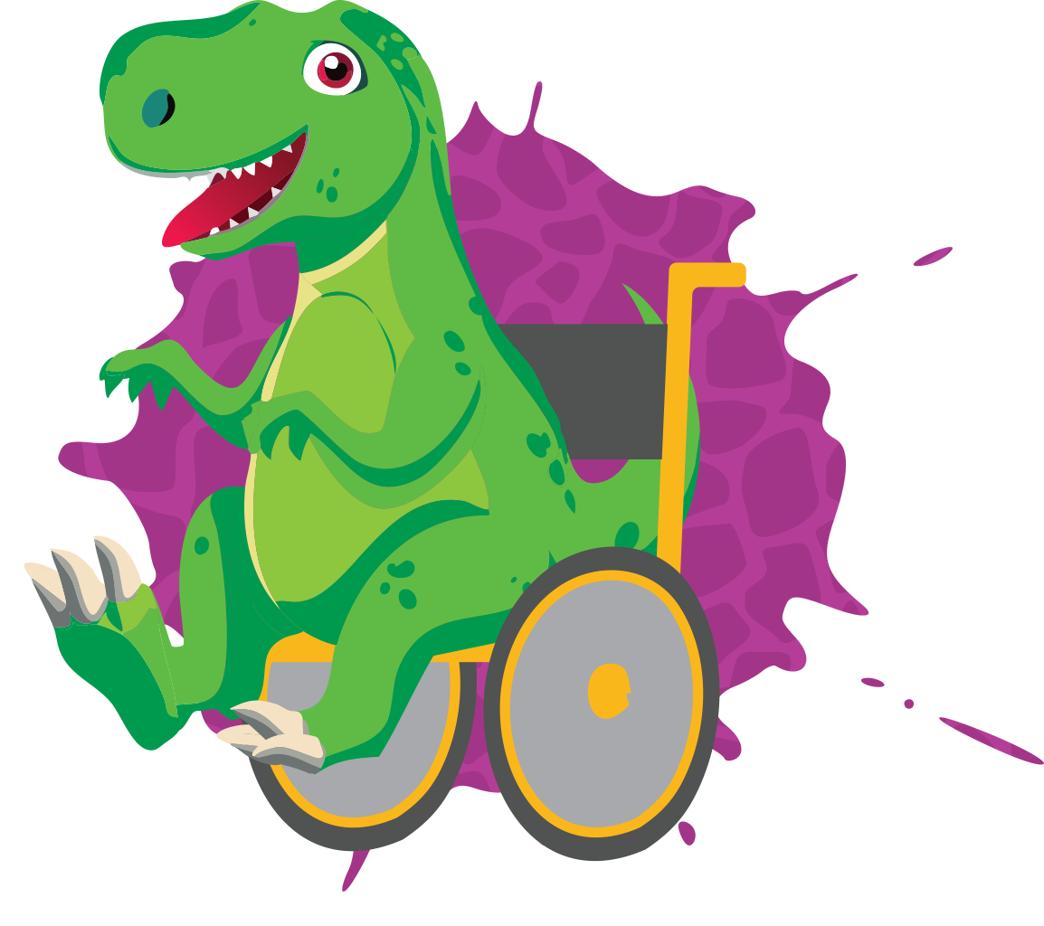 Green cartoon T-Rex in a wheelchair for Dino T-Reks branding