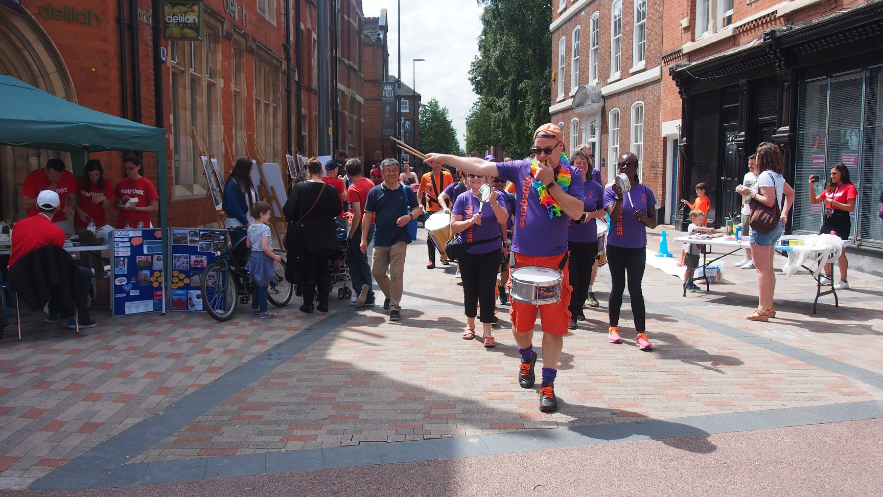 Roaming samba band in Leicester city centre.