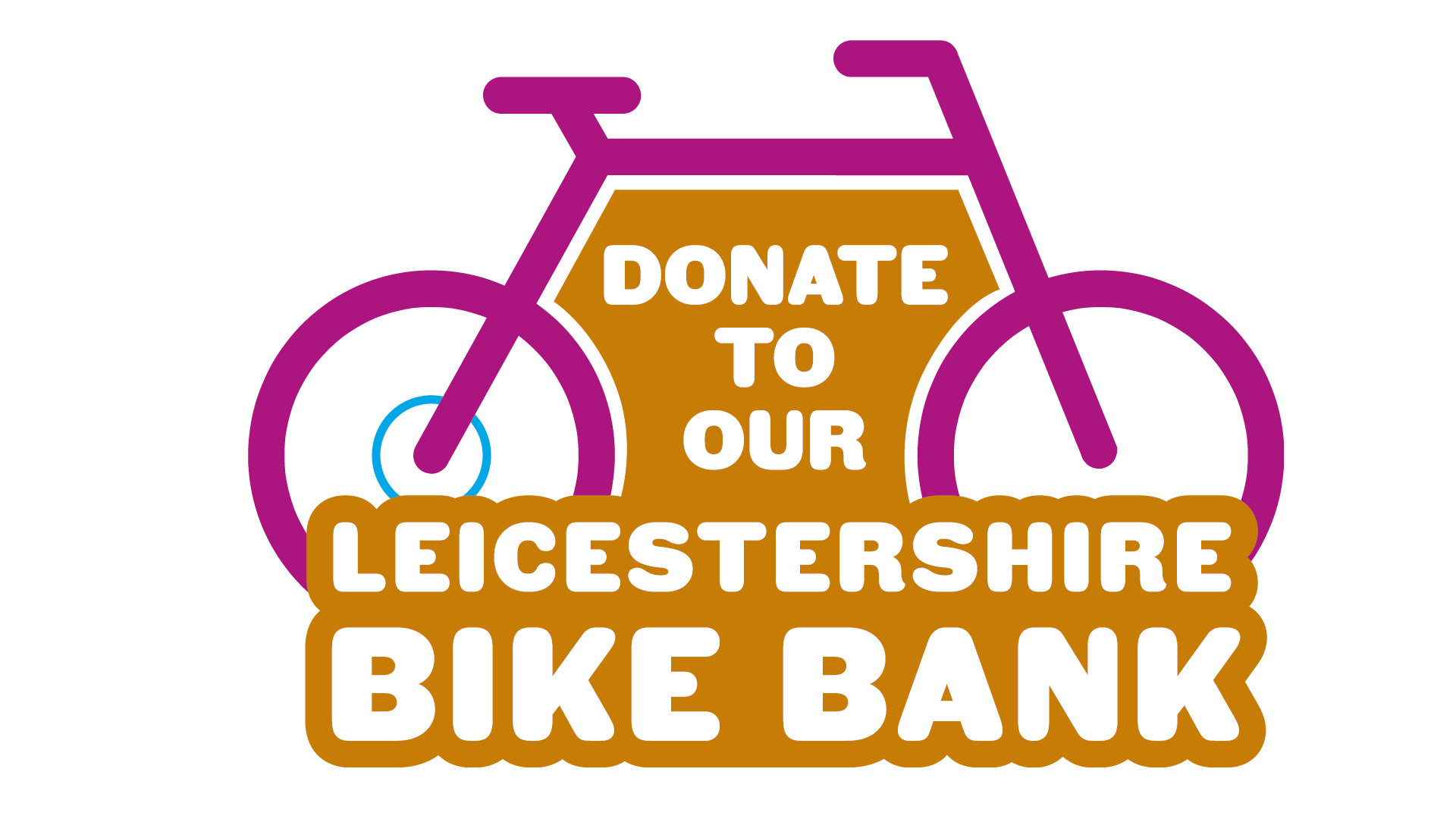 a purple icon of a bike with white text against an orange background reading: Donate to our Leicestershire Bike Bank