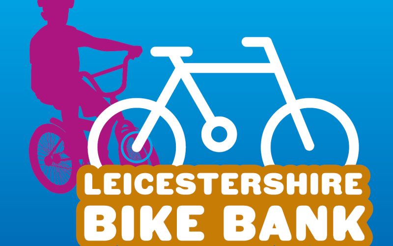 A purple silhouette of a child on a bike, next to a white icon of a bike and text reading "Leicestershire Bike Bank"