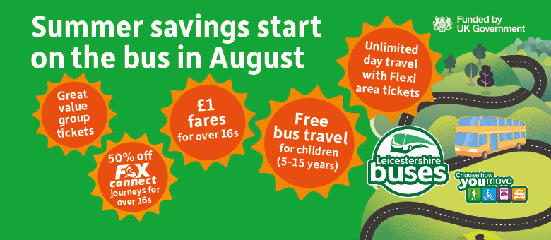 Promotional graphic for Leicestershire Buses promoting discounted bus travel including free travel for children aged 5–15, £1 fares for over-16s, Flexi area tickets, group tickets and discounted FoxConnect journeys