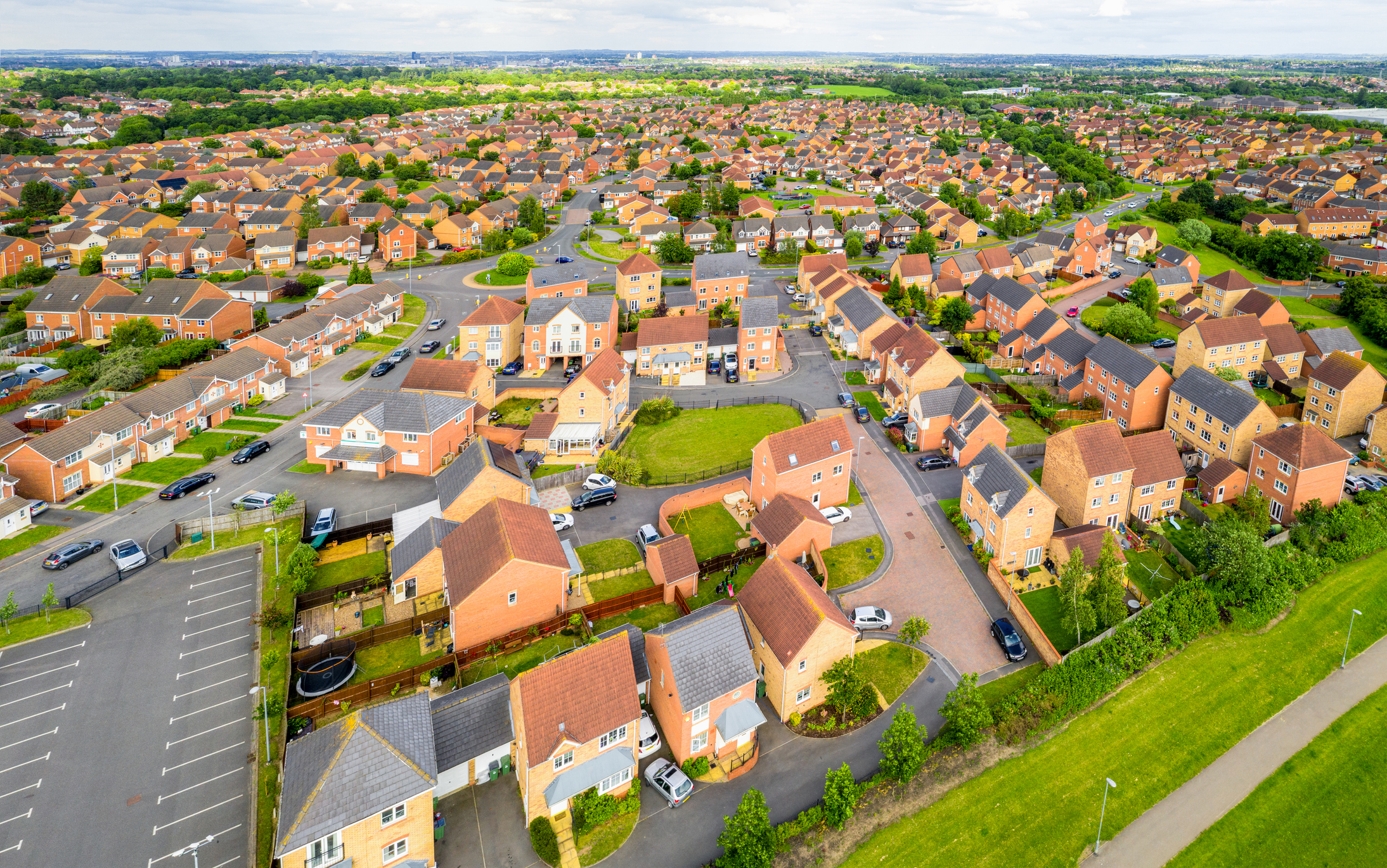 An aerial view of a large housing estate near the city of Leicester in the English Midlands.