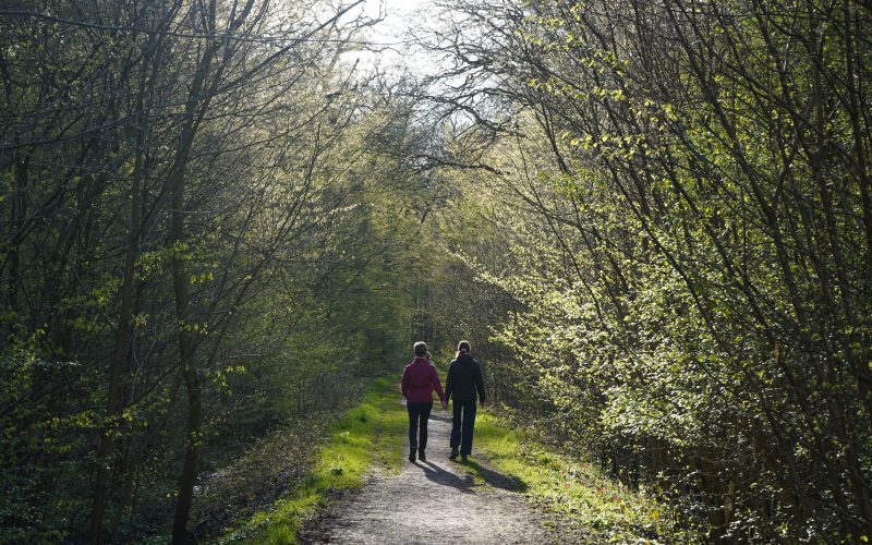 A couple holding hands as they walk down a wooded path together. For walking, public rights of way, communities.