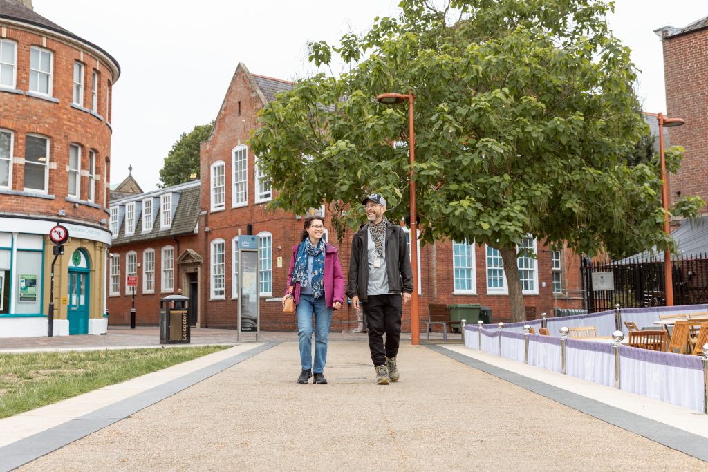 People walking through Jubilee Square in Leicester city centre.