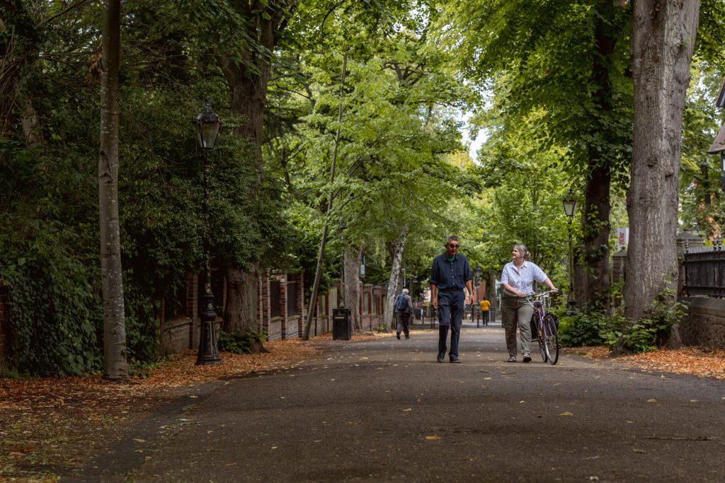 Local walking and cycling route at New Walk, Leicester city centre.