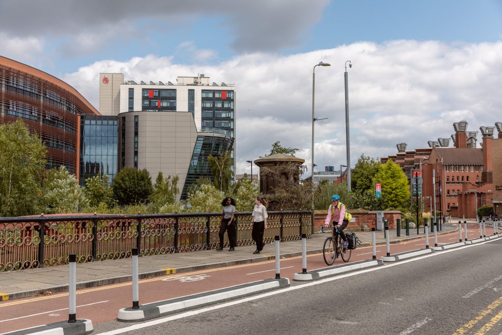 People getting around Leicester by walking and cycling.