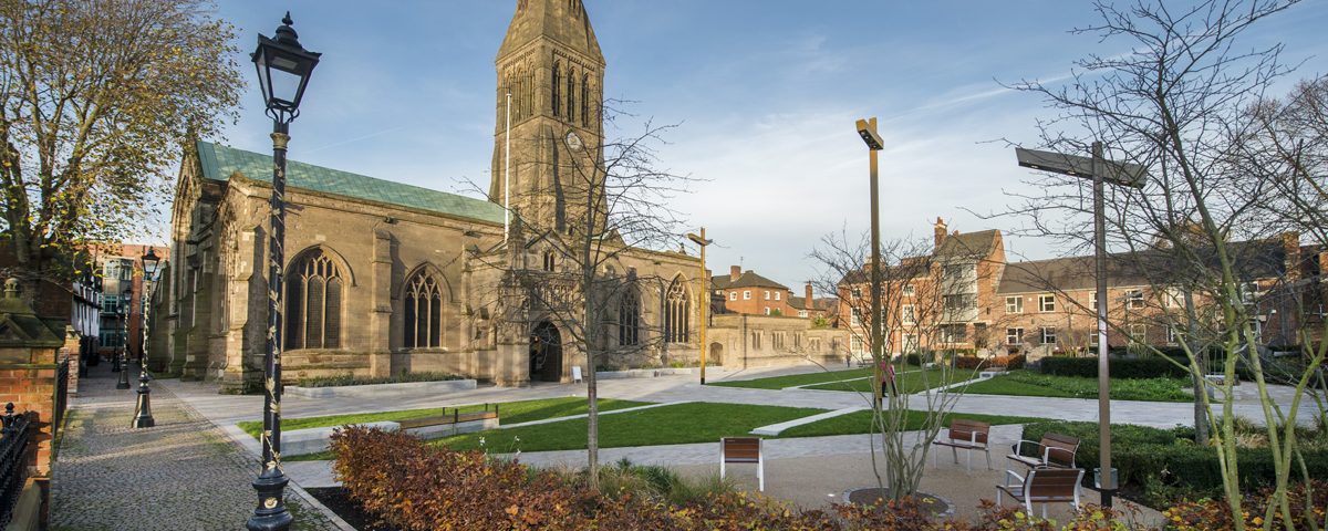 The outside area of Leicester Cathedral in the city centre.