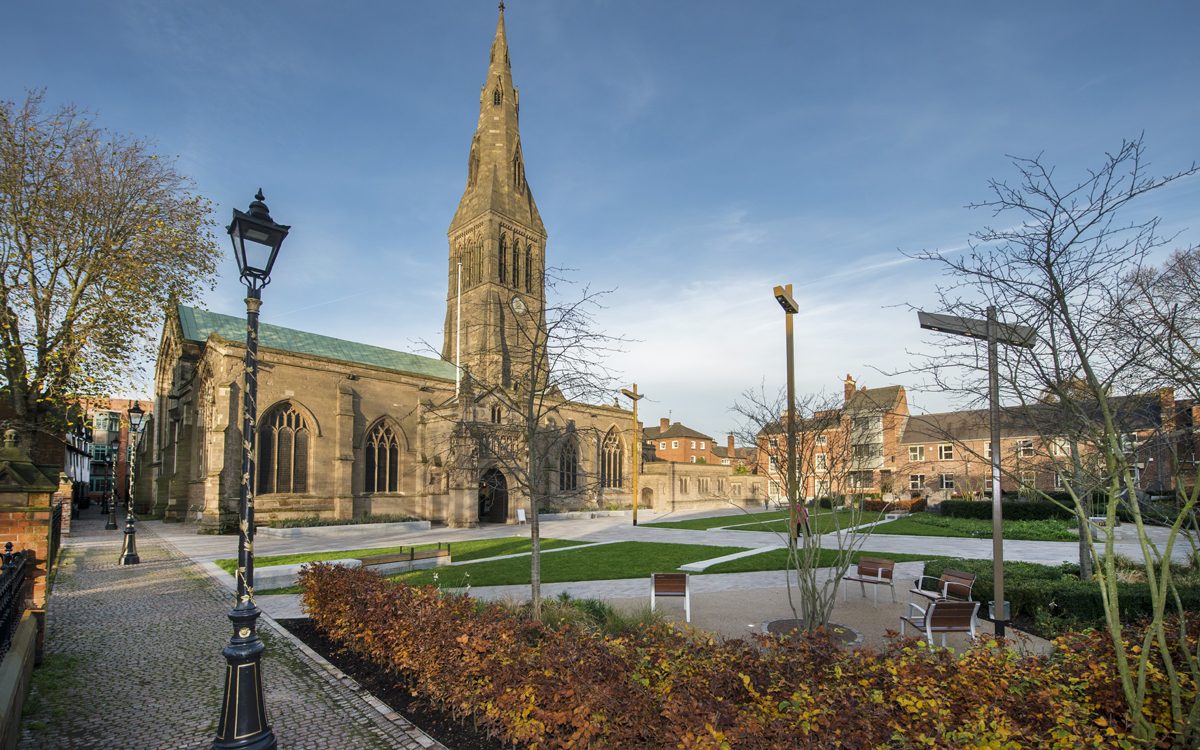 The outside area of Leicester Cathedral in the city centre.