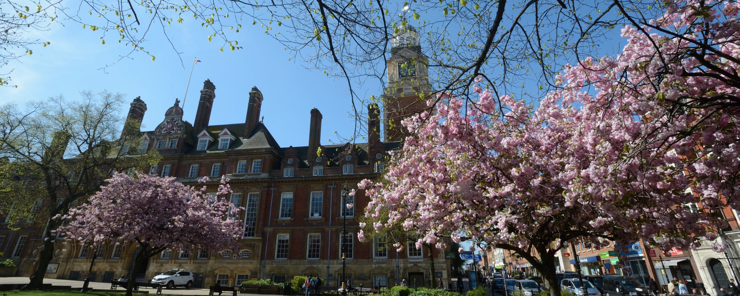 A public space in Leicester with cherry blossoms on a sunny cloudless day.