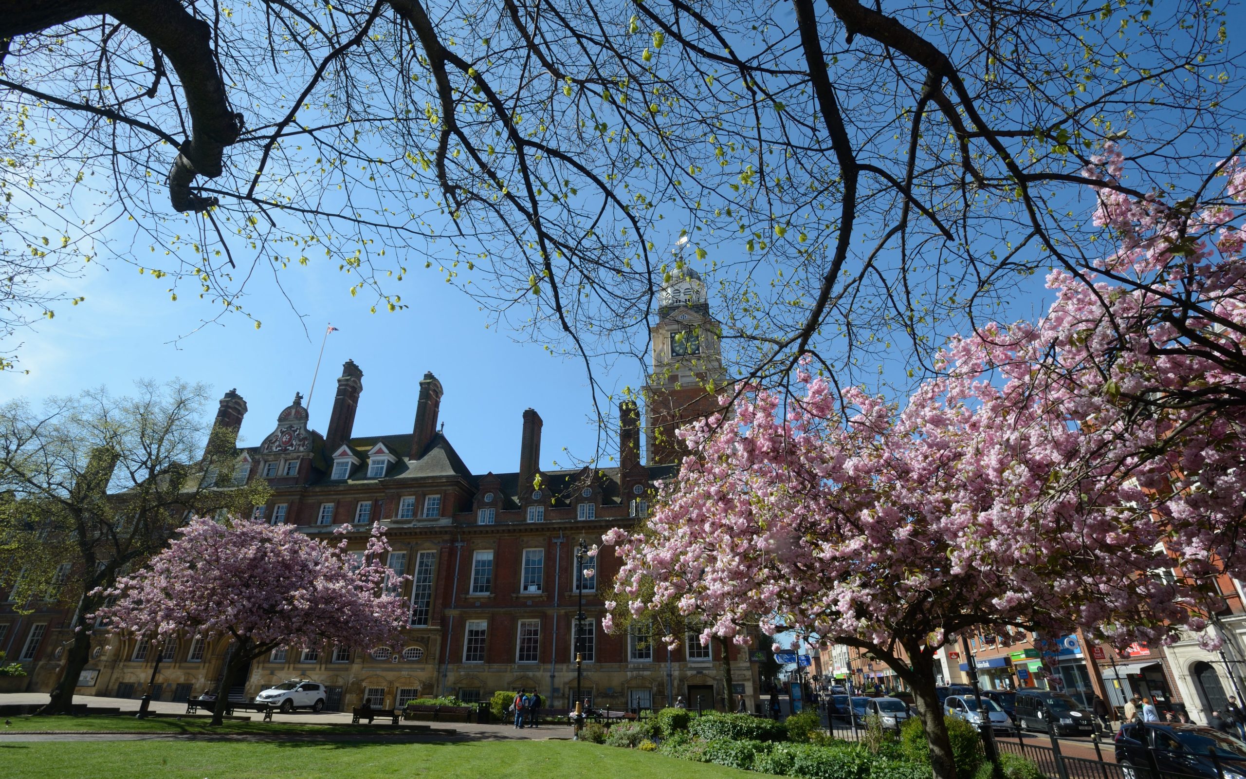 A public space in Leicester with cherry blossoms on a sunny cloudless day.