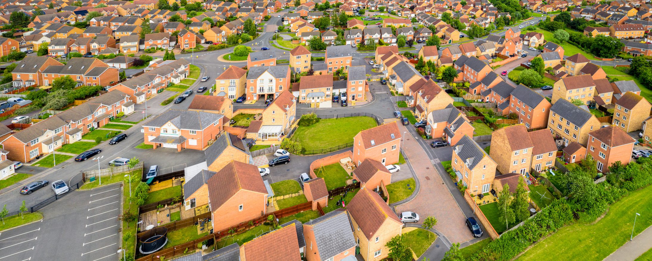 An aerial view of a large housing estate near the city of Leicester in the English Midlands.