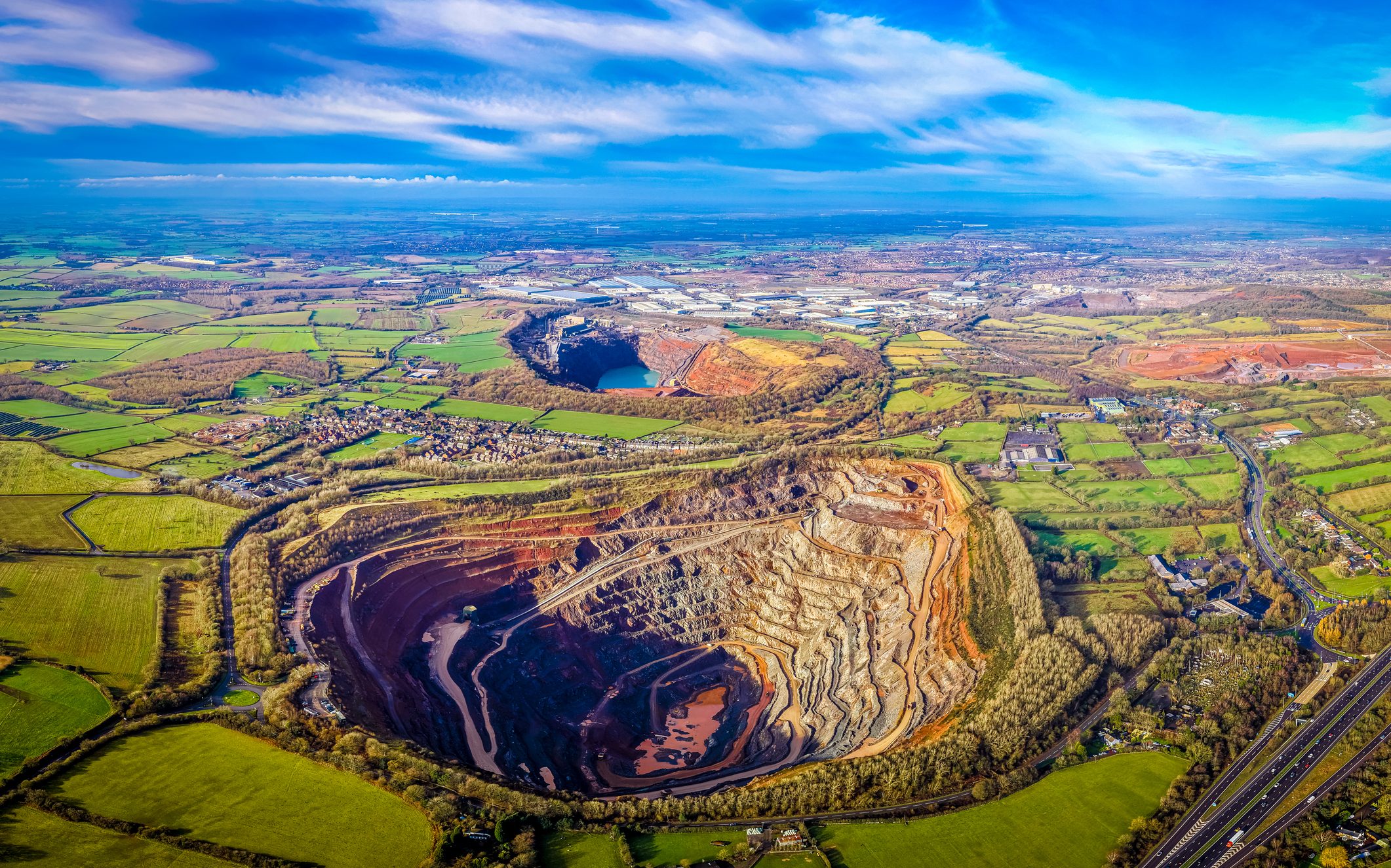 Aerial view of an open-pit quarry and industrial landscape near Coalville, North West Leicestershire.