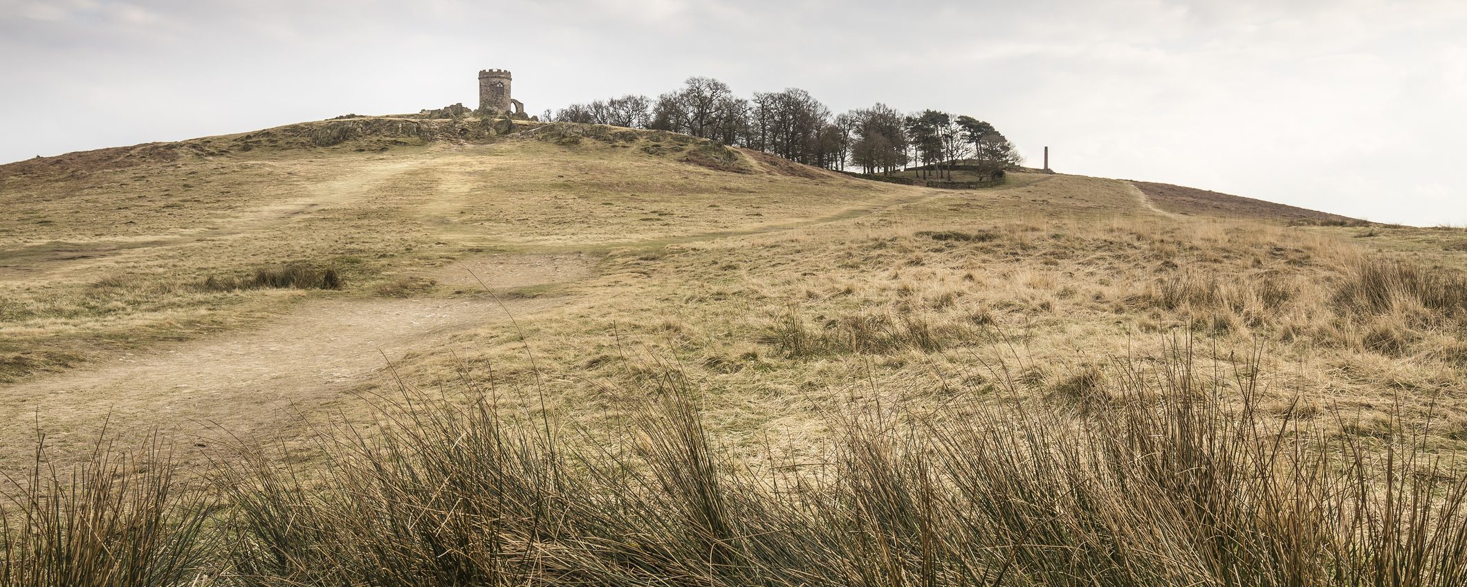 A grassy hill at Bradgate Park with a stone outhouse, Old John, at the top. For Charnwood borough.