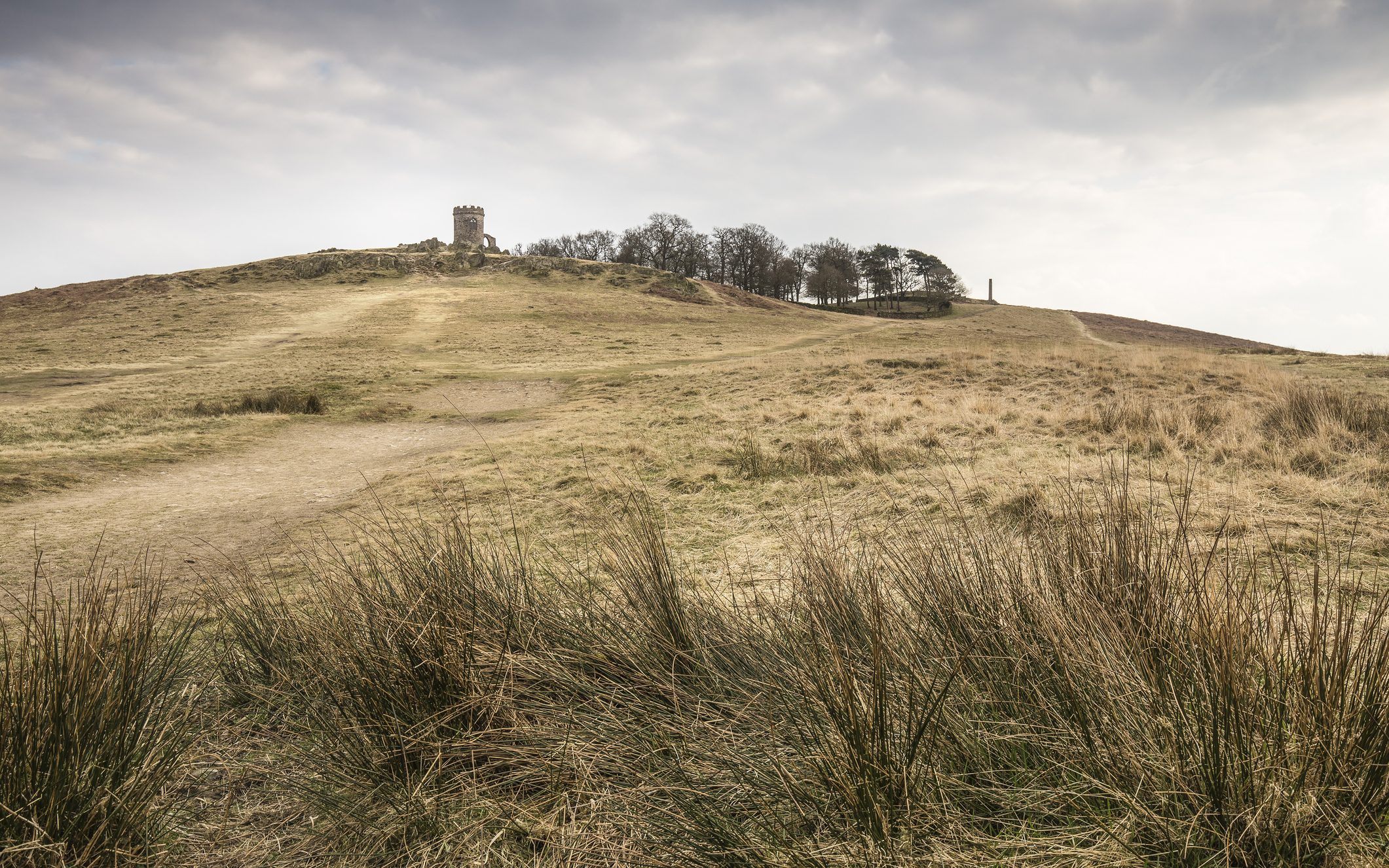 A grassy hill at Bradgate Park with a stone outhouse, Old John, at the top. For Charnwood borough.