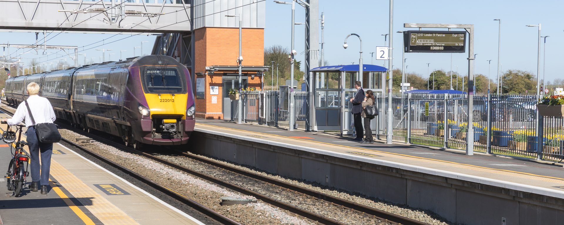 Cyclist on the platform at a train station in Leicestershire.