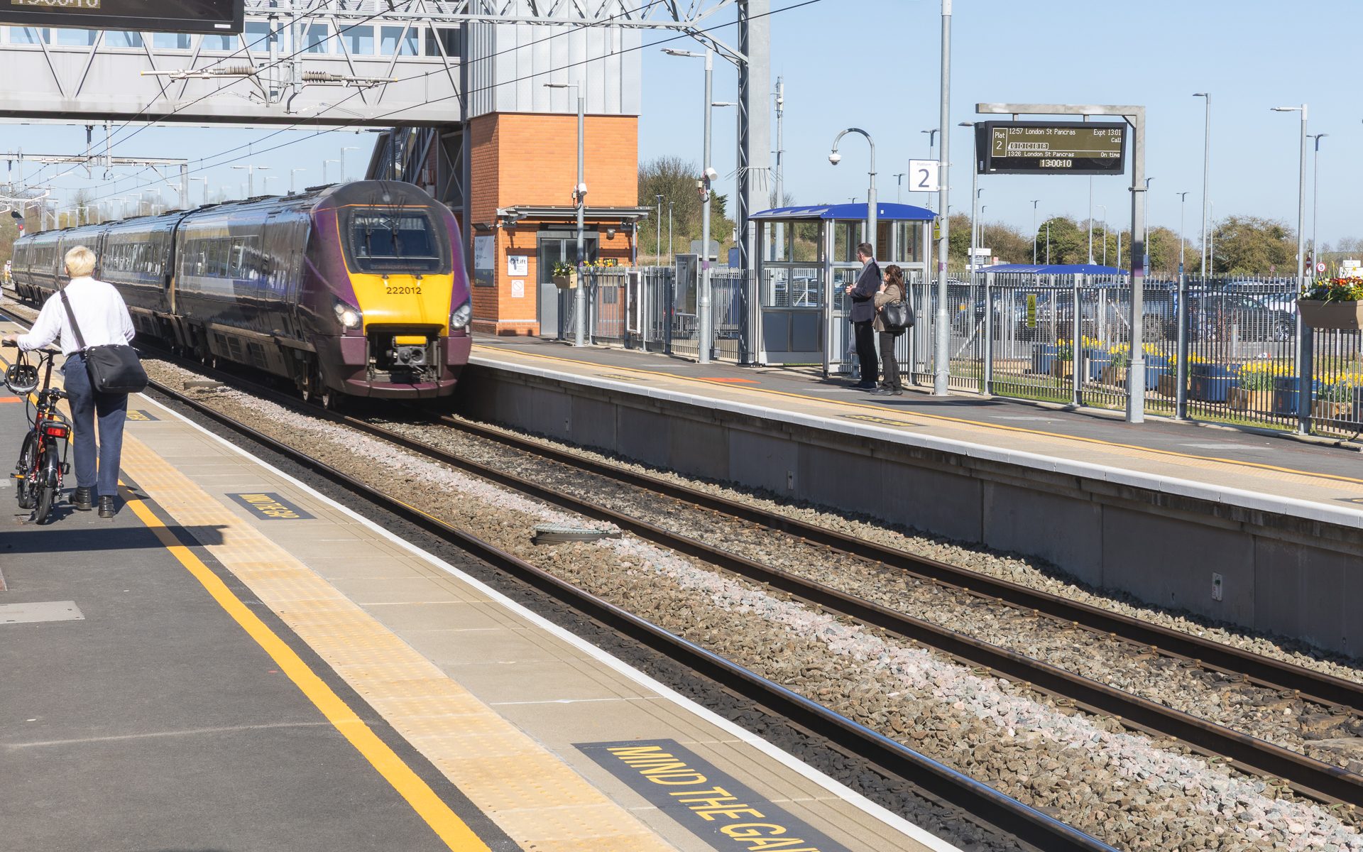 Cyclist on the platform at a train station in Leicestershire.
