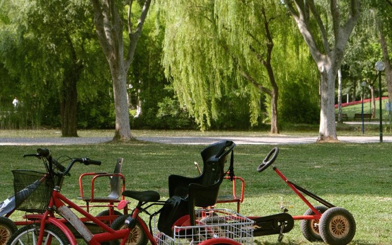 Adapted bikes parked in a park. For adaptive travel, adaptive bikes and scooters and accessible transport.