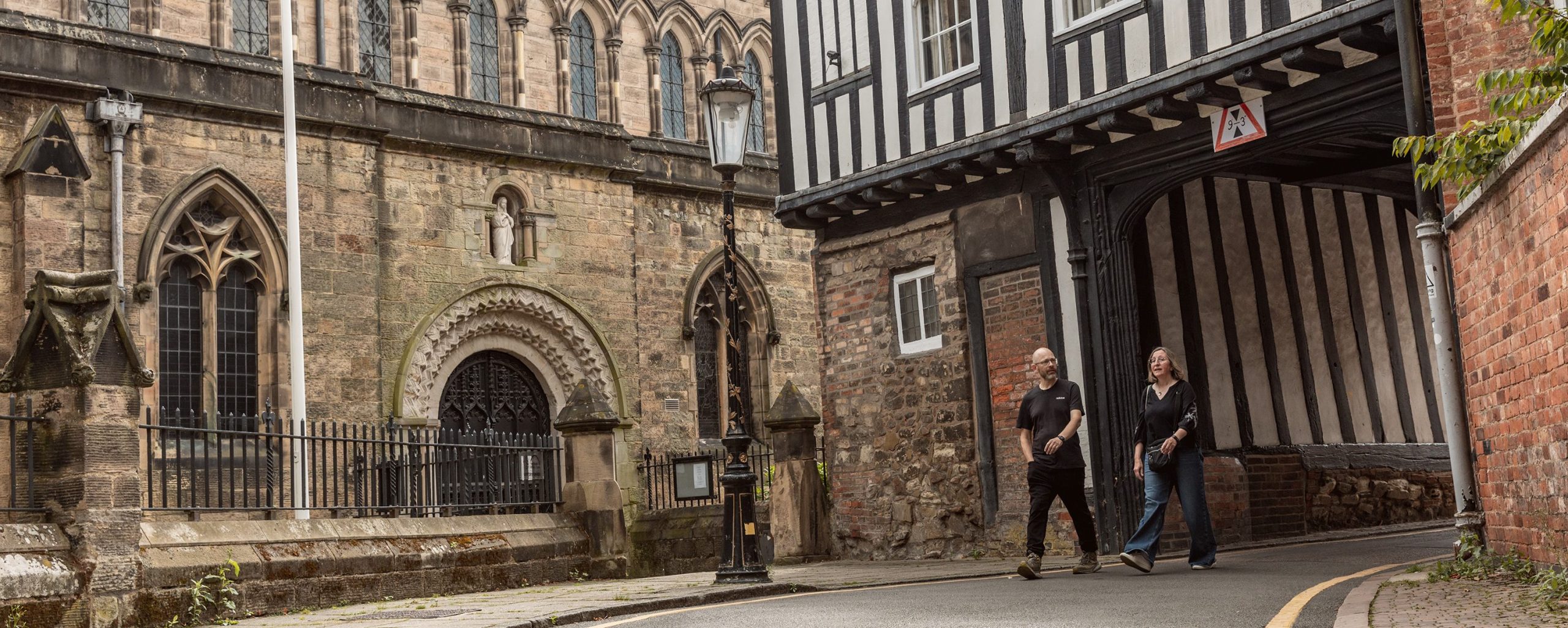 Walking through old buildings in Leicester city centre.