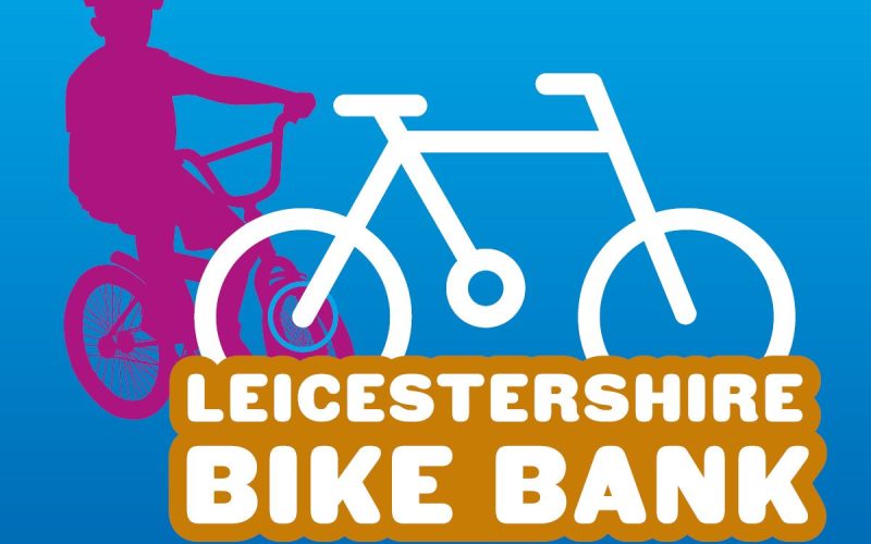 A purple silhouette of a child on a bike, next to a white icon of a bike and text reading "Leicestershire Bike Bank"
