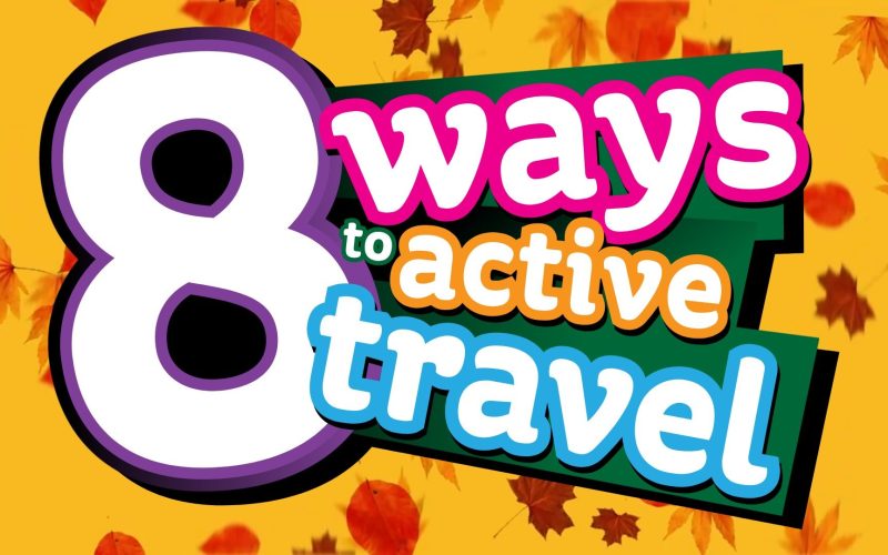 autumn leaves falling to the ground with a text reading "8 ways to active travel"